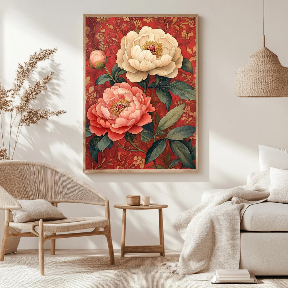 Vintage Peony Framed Canvas, Red Botanical Flower Wall Art, Romantic Garden Floral Print, Classic Cottagecore Home Decor