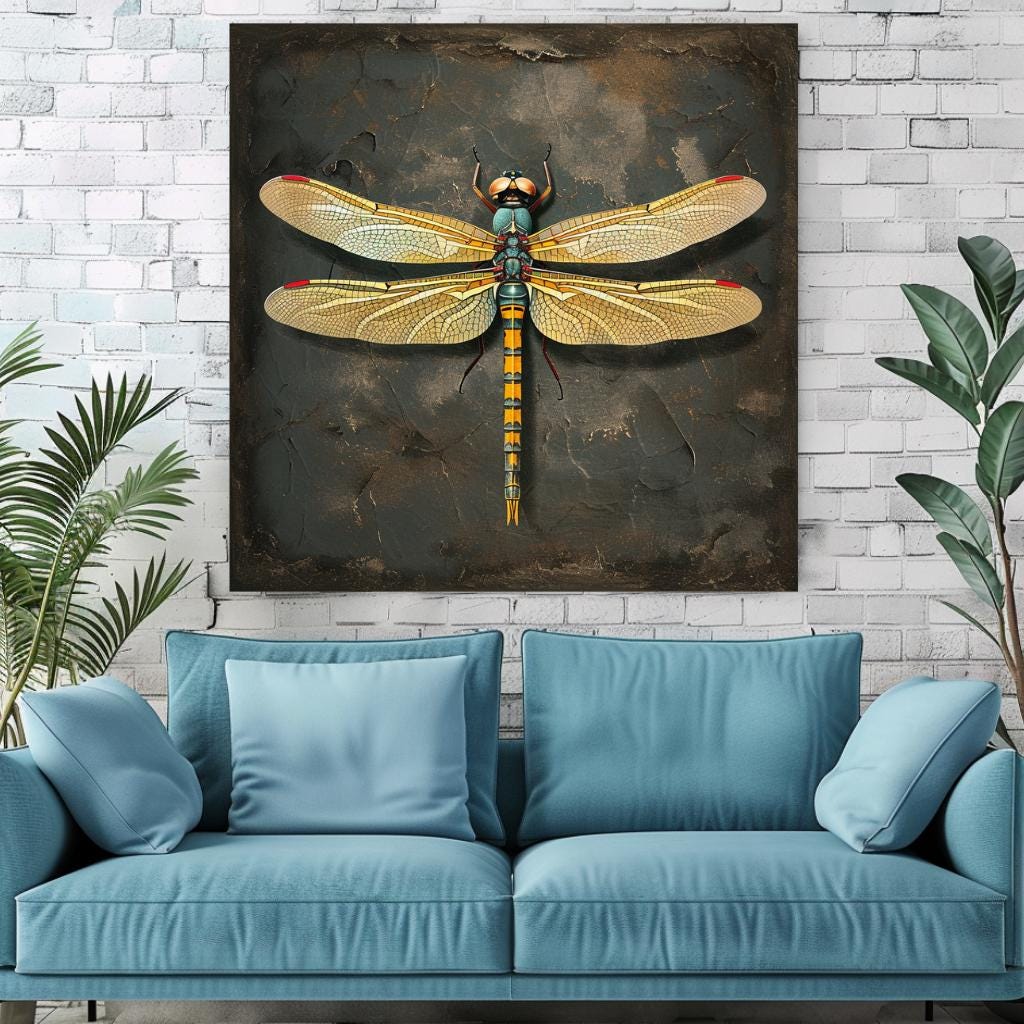 Vintage Dragonfly Canvas Wall Art, Garden Dragonfly Painting, Dragonfly Art Ready to Hang Home Decor, Dragonfly Gift