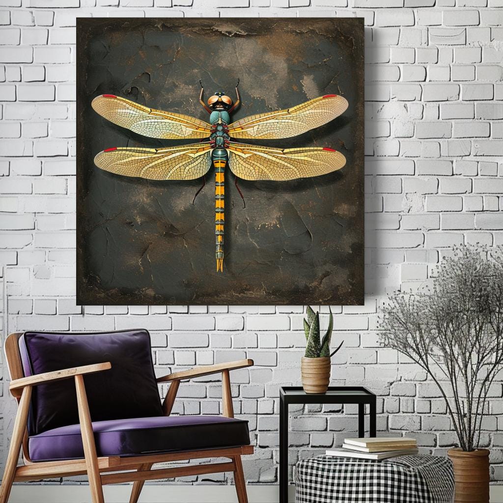 Vintage Dragonfly Canvas Wall Art, Garden Dragonfly Painting, Dragonfly Art Ready to Hang Home Decor, Dragonfly Gift