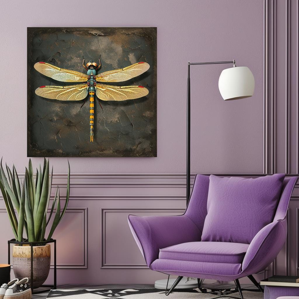 Vintage Dragonfly Canvas Wall Art, Garden Dragonfly Painting, Dragonfly Art Ready to Hang Home Decor, Dragonfly Gift