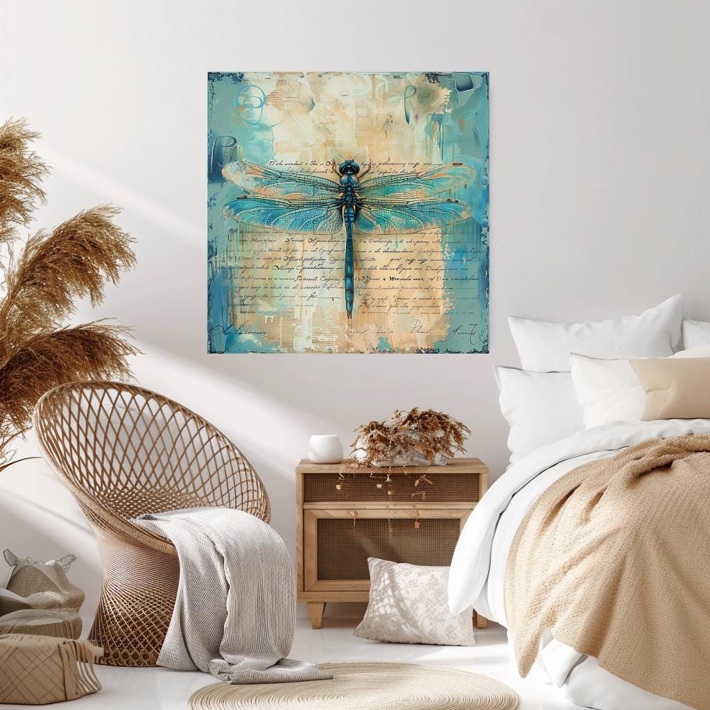 Vintage Teal Dragonfly Canvas, Insect-Inspired Art, Dragonfly Framed Wall Art, Insect Poster Print, Nature Wall Decor, Vintage Framed Canvas