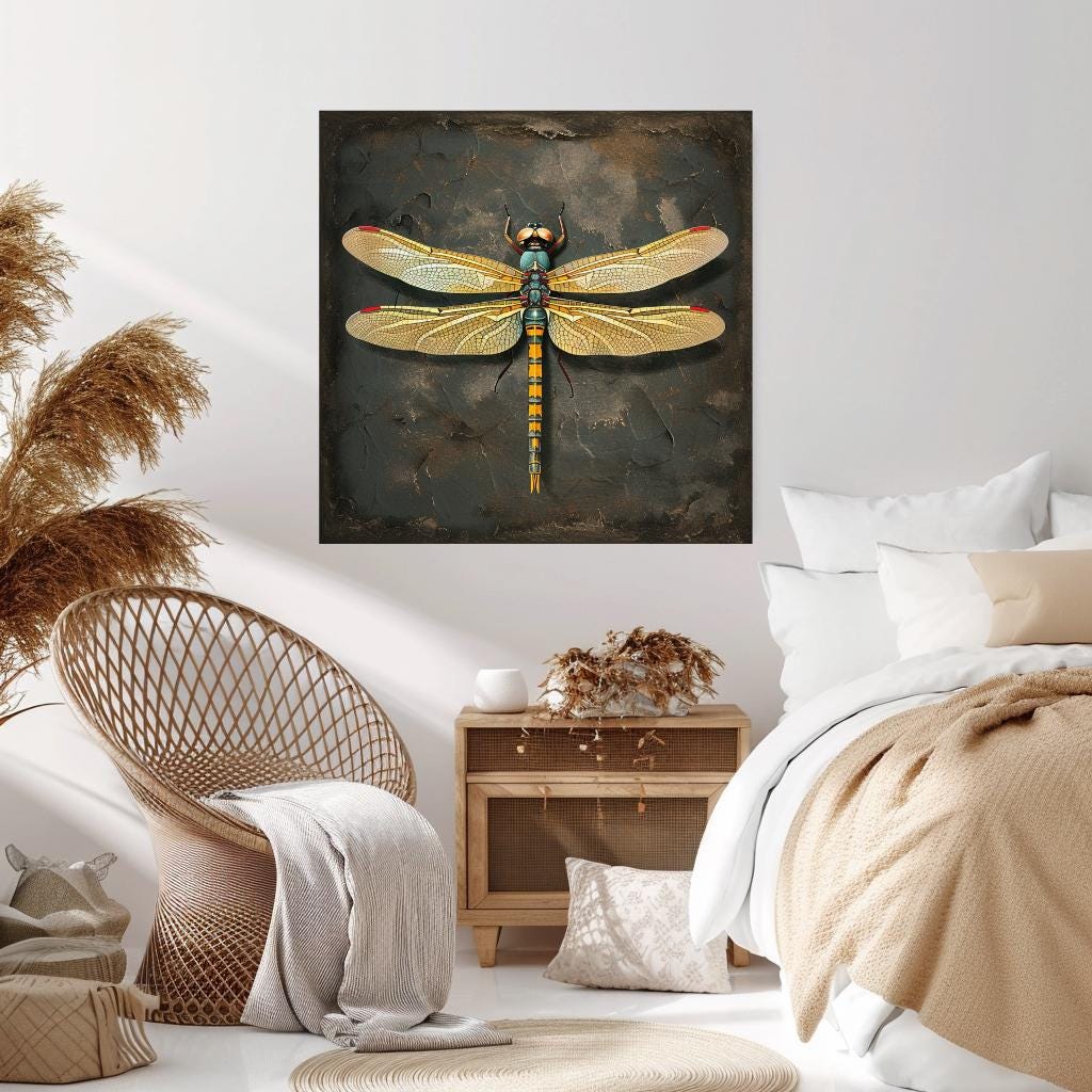 Vintage Dragonfly Canvas Wall Art, Garden Dragonfly Painting, Dragonfly Art Ready to Hang Home Decor, Dragonfly Gift