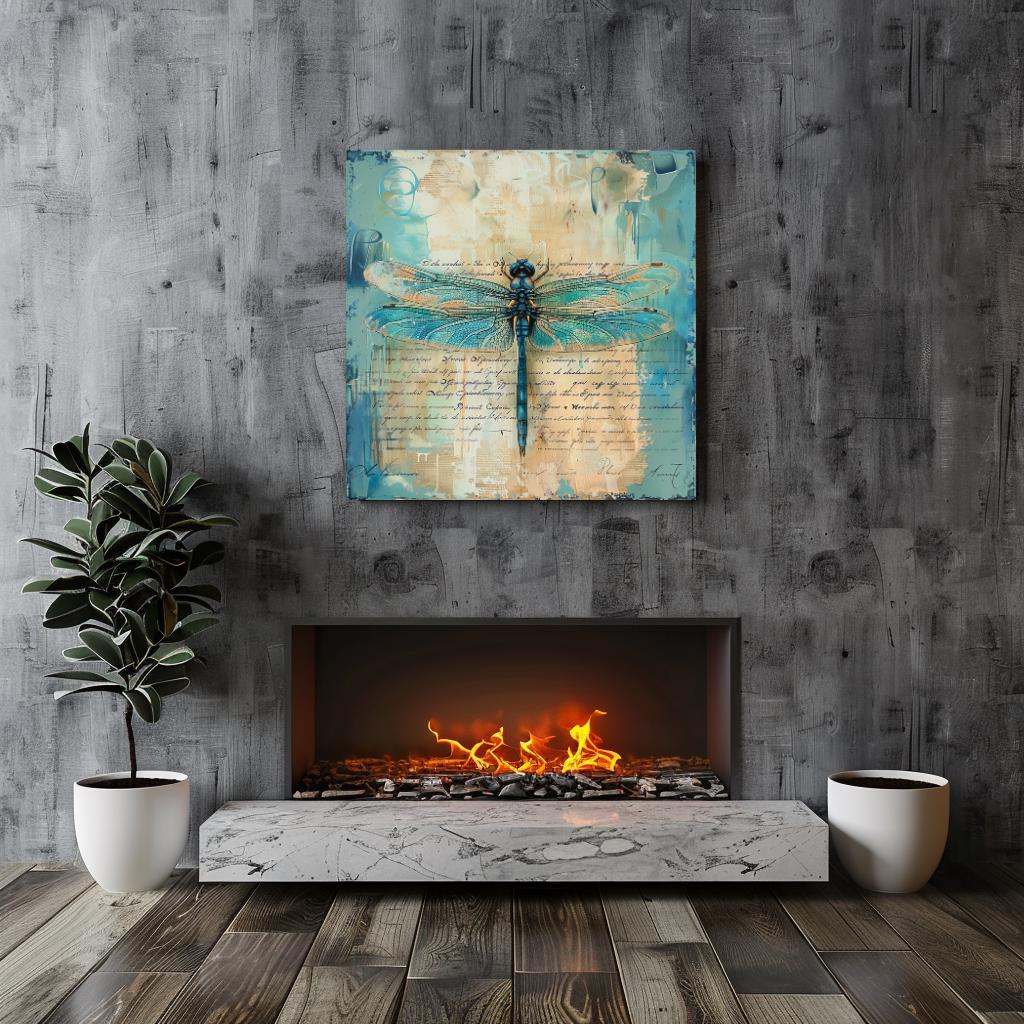 Vintage Teal Dragonfly Canvas, Insect-Inspired Art, Dragonfly Framed Wall Art, Insect Poster Print, Nature Wall Decor, Vintage Framed Canvas