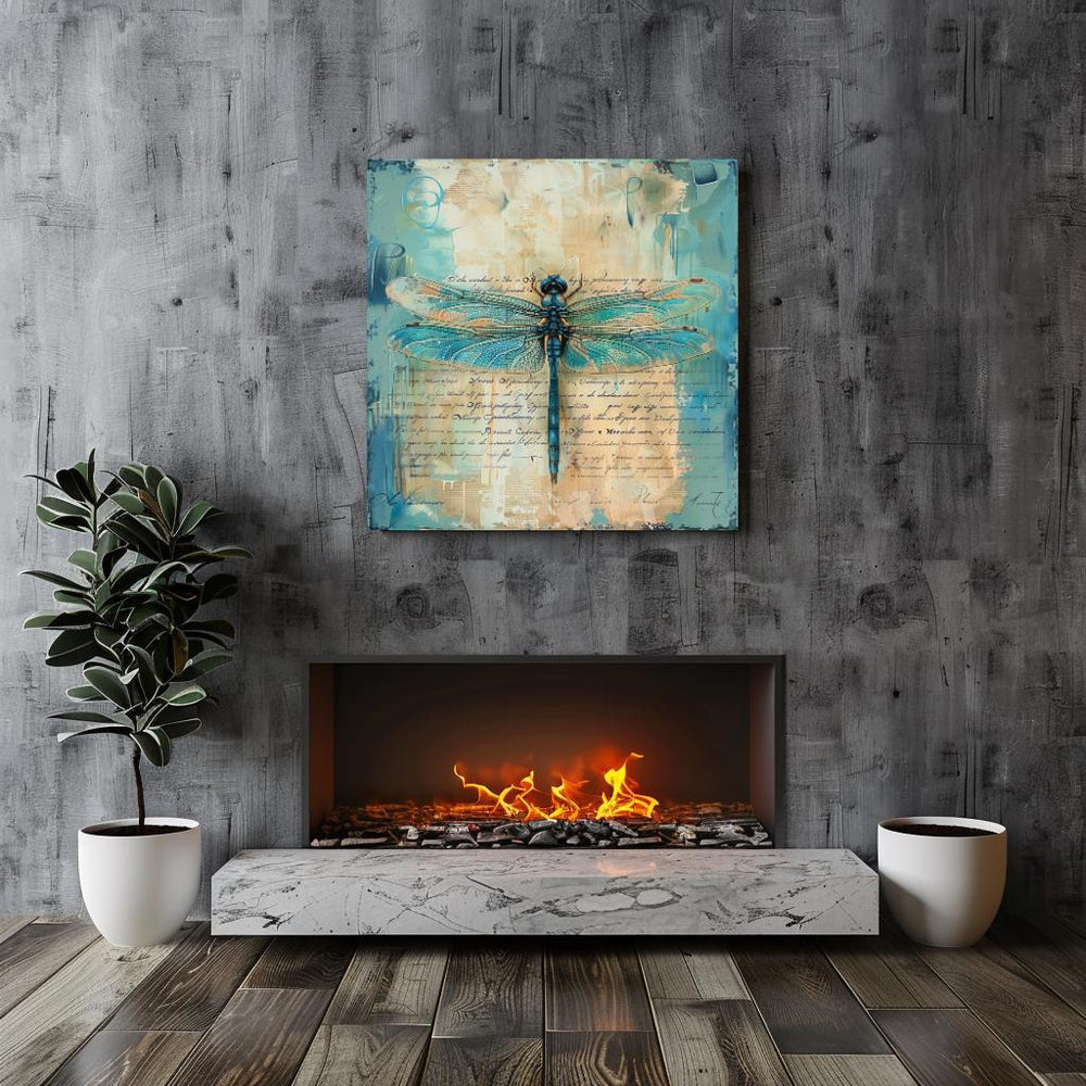 Vintage Teal Dragonfly Canvas, Insect-Inspired Art, Dragonfly Framed Wall Art, Insect Poster Print, Nature Wall Decor, Vintage Framed Canvas
