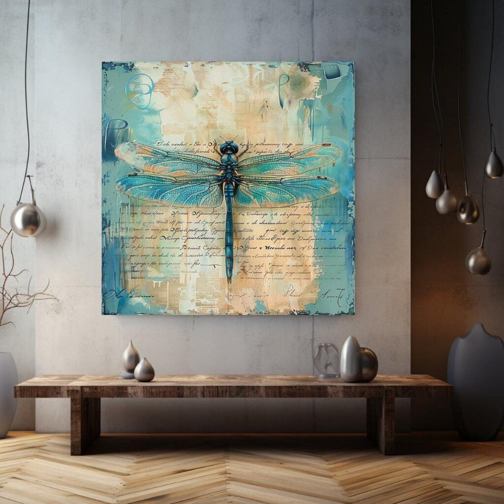 Vintage Teal Dragonfly Canvas, Insect-Inspired Art, Dragonfly Framed Wall Art, Insect Poster Print, Nature Wall Decor, Vintage Framed Canvas