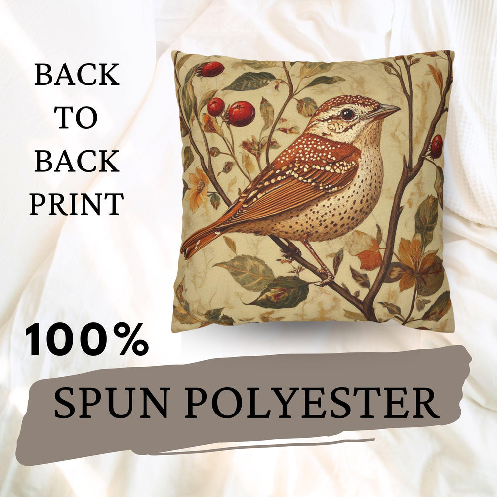 Vintage Wren Botanical Pillow Cover, Autumn Bird and Floral Cushion, Nature Inspired Farmhouse Decor, Rustic Cottagecore Throw Pillow