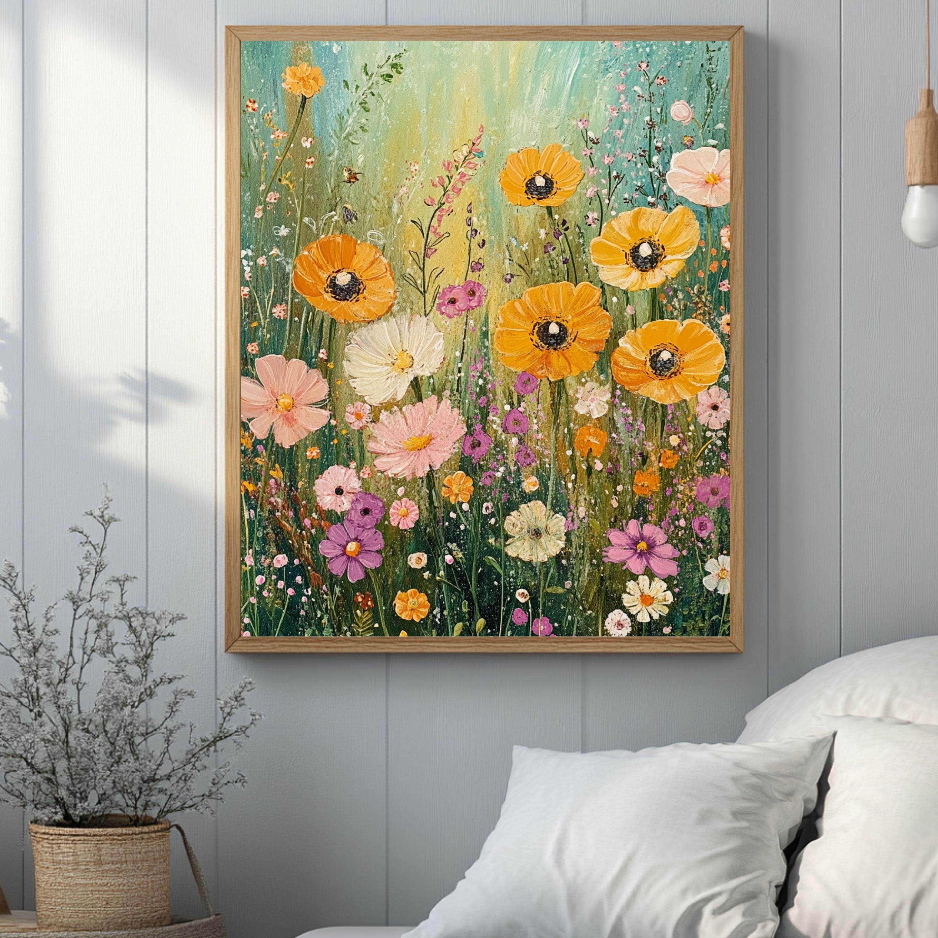 Wildflower Framed Wooden Wall Art, Whimsical Wildflowers Canvas Art, Cottagecore Botanical Home Decor, Rustic Boho Flower Artwork