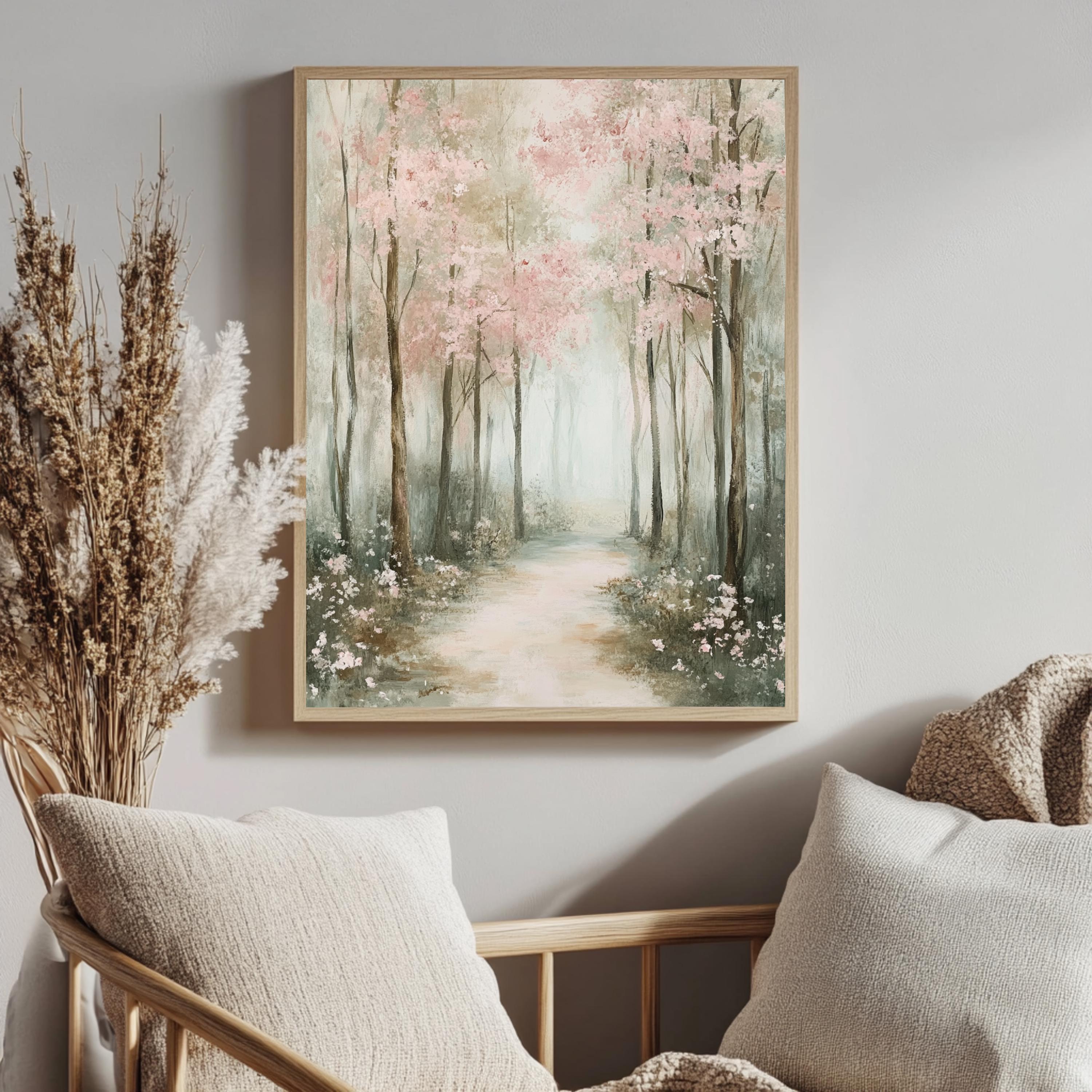 Muted Forest Framed Canvas, Trees Framed Wall Art, Natural Wood Framed Canvas for Bedroom, Moody Woodland Framed Art, Aesthetic Room Decor