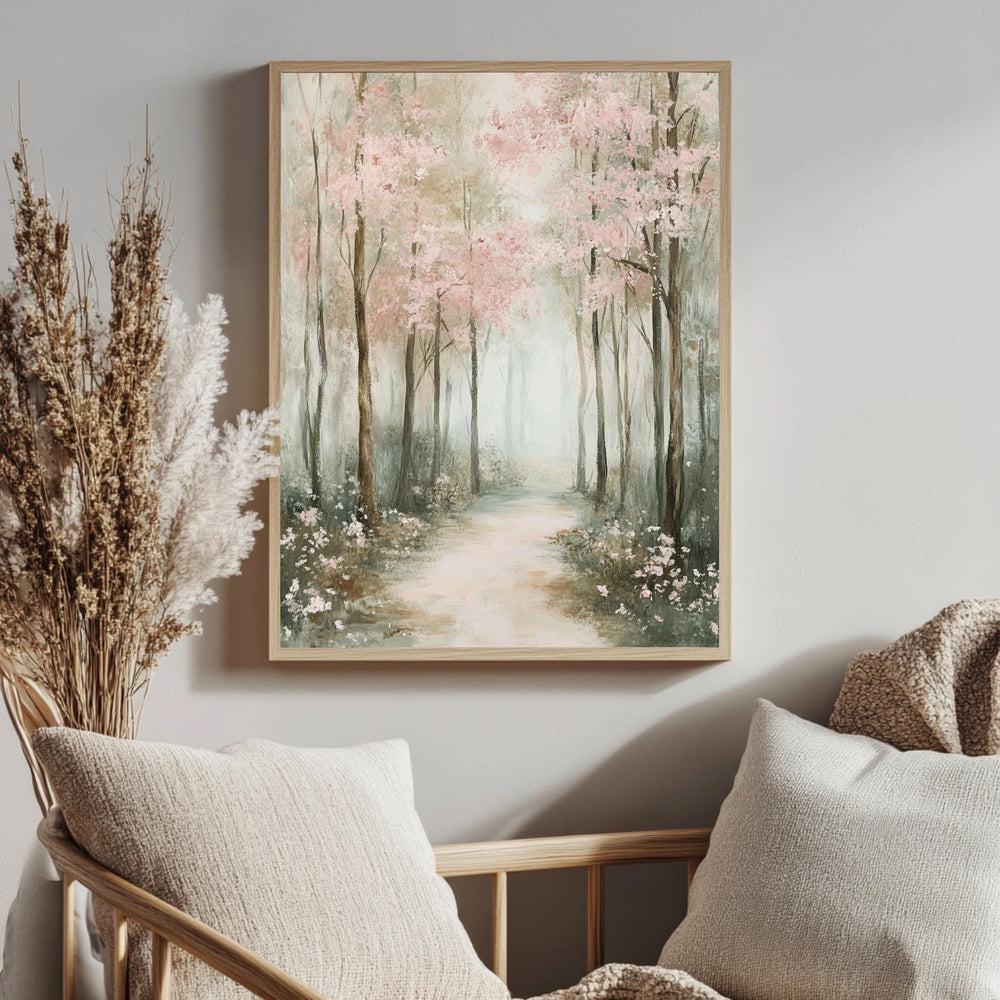 Muted Forest Framed Canvas, Trees Framed Wall Art, Natural Wood Framed Canvas for Bedroom, Moody Woodland Framed Art, Aesthetic Room Decor