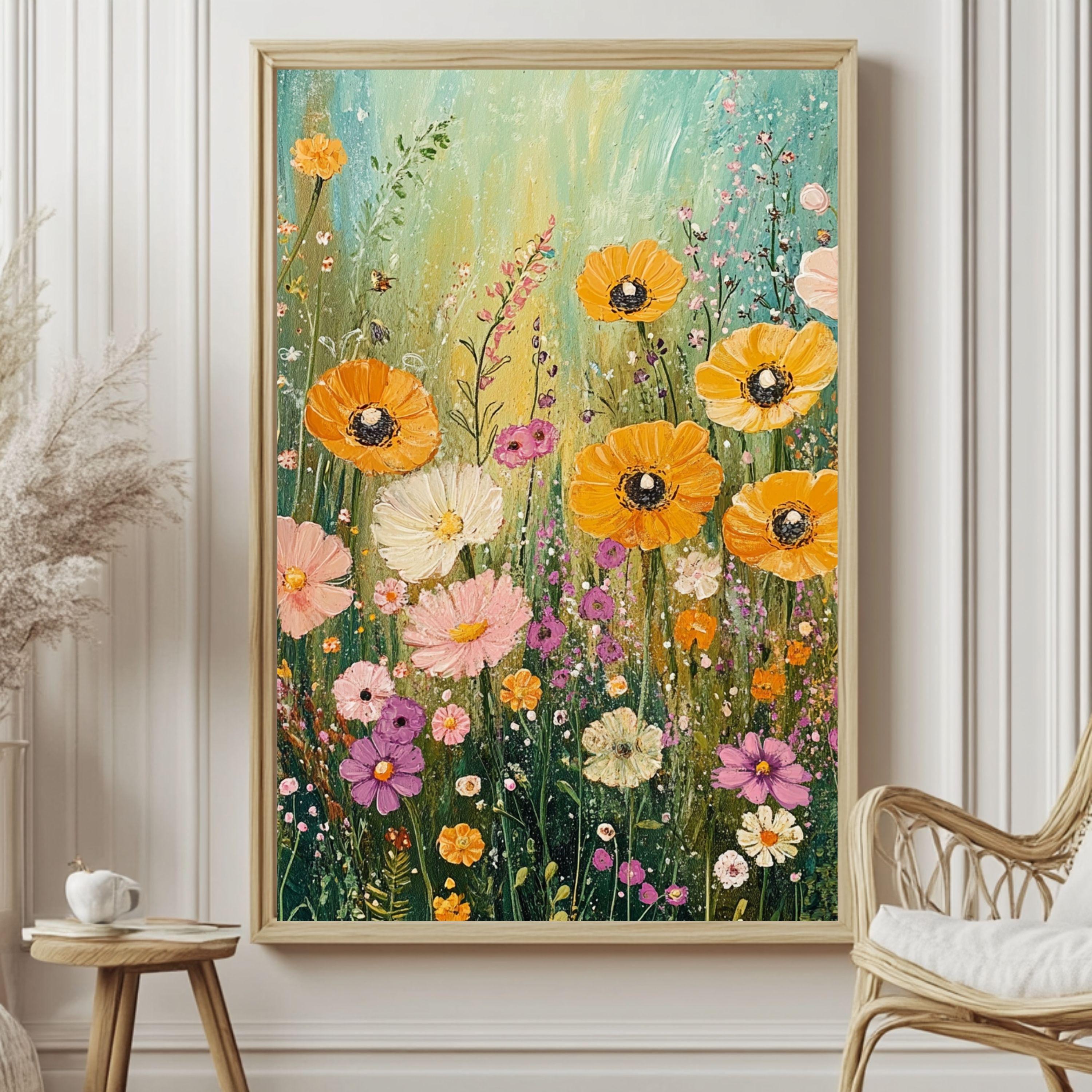 Wildflower Framed Wooden Wall Art, Whimsical Wildflowers Canvas Art, Cottagecore Botanical Home Decor, Rustic Boho Flower Artwork