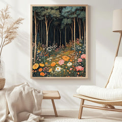 Forest Wildflower Meadow Framed Canvas, Vibrant Cottagecore Nature Wall Art, Blooming Floral Field Print, Botanical Woodland Decor