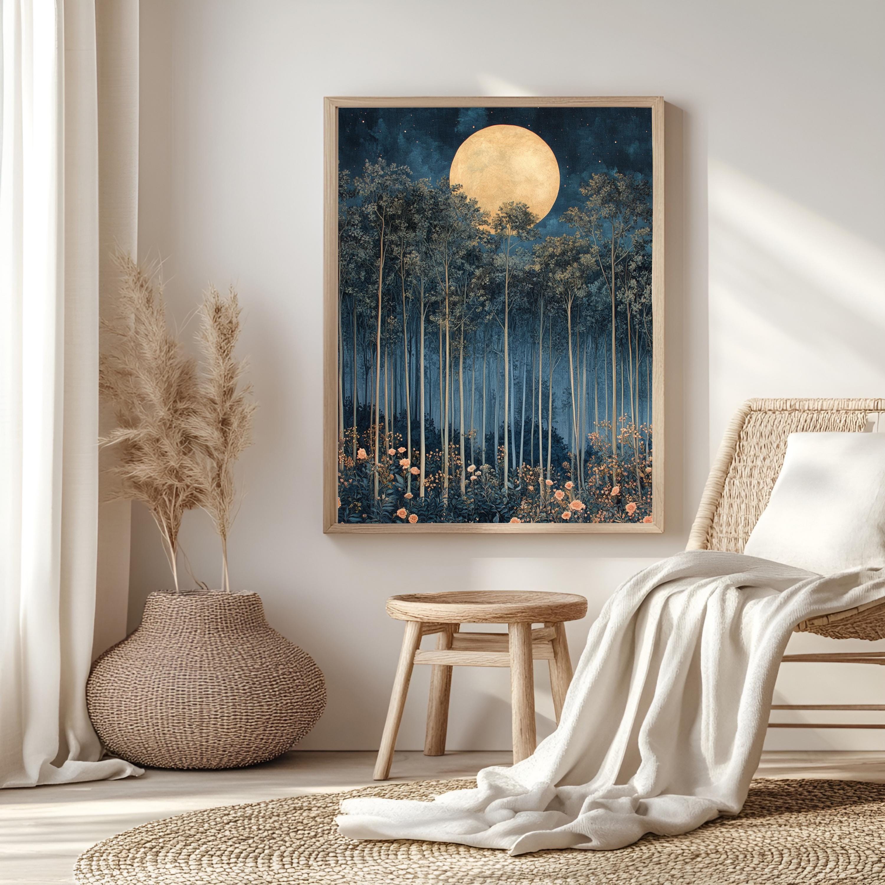 Moonlit Forest Framed Canvas, Ethereal Night Woodland Wall Art, Mystical Floral Nature Print, Enchanted Landscape Decor, Elegant Home Accent