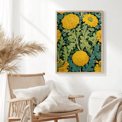 Yellow Marigold Wall Art, William Morris Inspired Floral Canvas, Vintage Botanical Garden Print, Cottagecore Framed Nature Decor