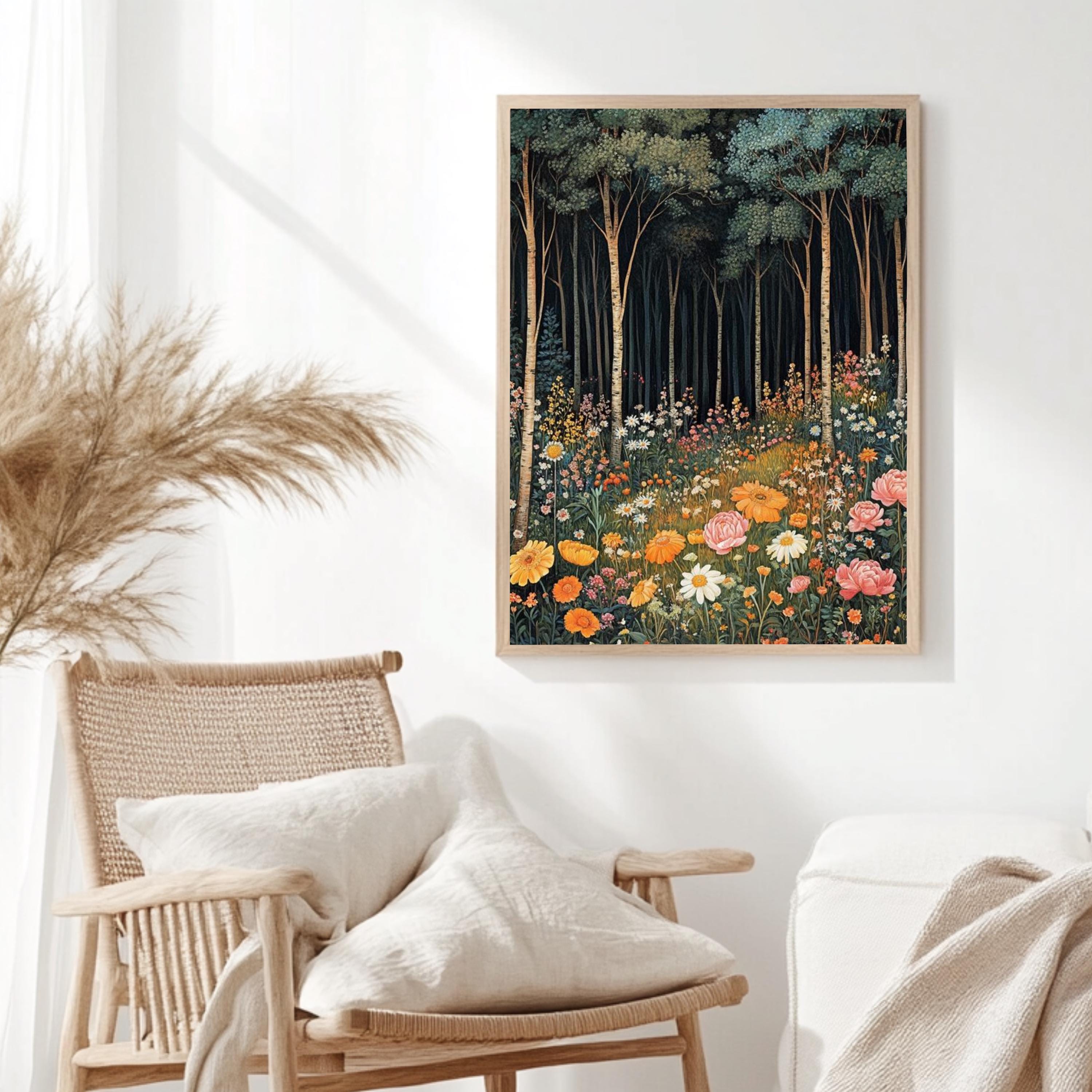 Forest Wildflower Meadow Framed Canvas, Vibrant Cottagecore Nature Wall Art, Blooming Floral Field Print, Botanical Woodland Decor