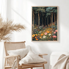 Forest Wildflower Meadow Framed Canvas, Vibrant Cottagecore Nature Wall Art, Blooming Floral Field Print, Botanical Woodland Decor