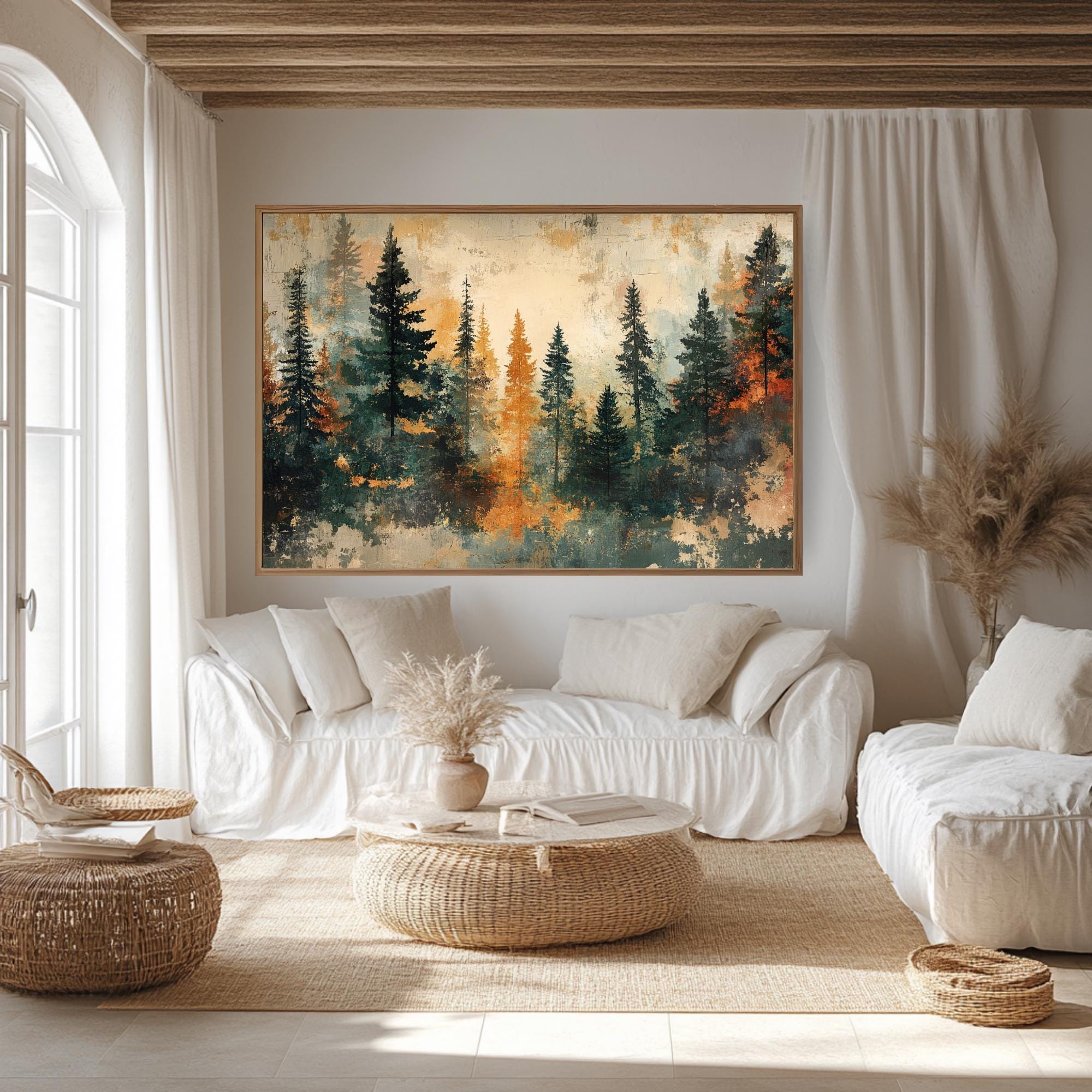 Autumn Pine Forest Wooden Framed Canvas, Warm Earth Tone Landscape Wall Art, Abstract Woodland Scene Print, Cozy Rustic Nature Decor