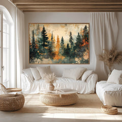 Autumn Pine Forest Wooden Framed Canvas, Warm Earth Tone Landscape Wall Art, Abstract Woodland Scene Print, Cozy Rustic Nature Decor