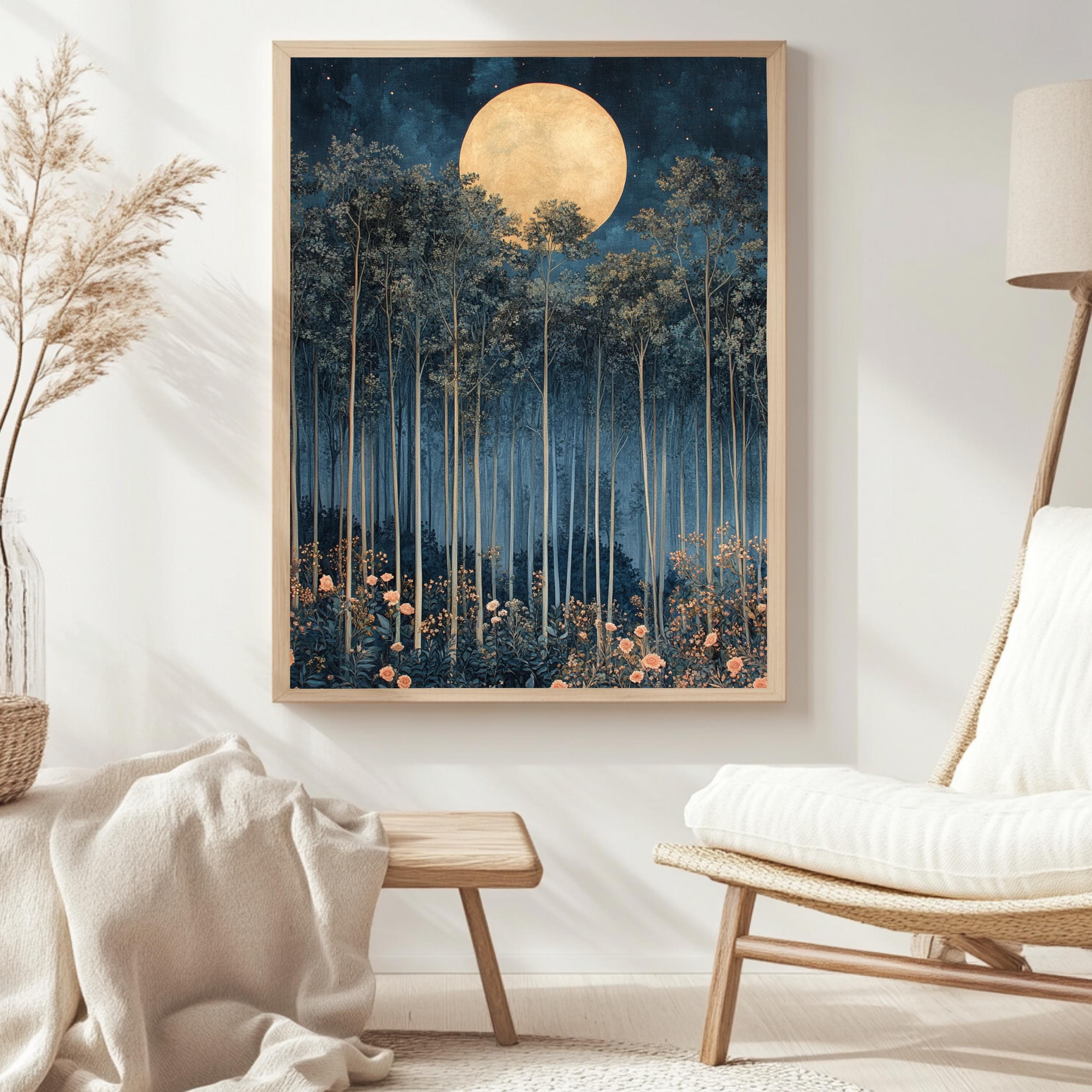 Moonlit Forest Framed Canvas, Ethereal Night Woodland Wall Art, Mystical Floral Nature Print, Enchanted Landscape Decor, Elegant Home Accent
