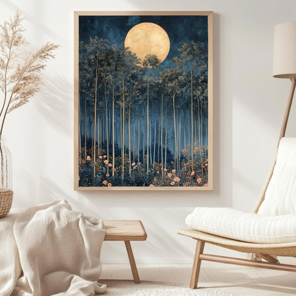 Moonlit Forest Framed Canvas, Ethereal Night Woodland Wall Art, Mystical Floral Nature Print, Enchanted Landscape Decor, Elegant Home Accent