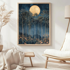 Moonlit Forest Framed Canvas, Ethereal Night Woodland Wall Art, Mystical Floral Nature Print, Enchanted Landscape Decor, Elegant Home Accent