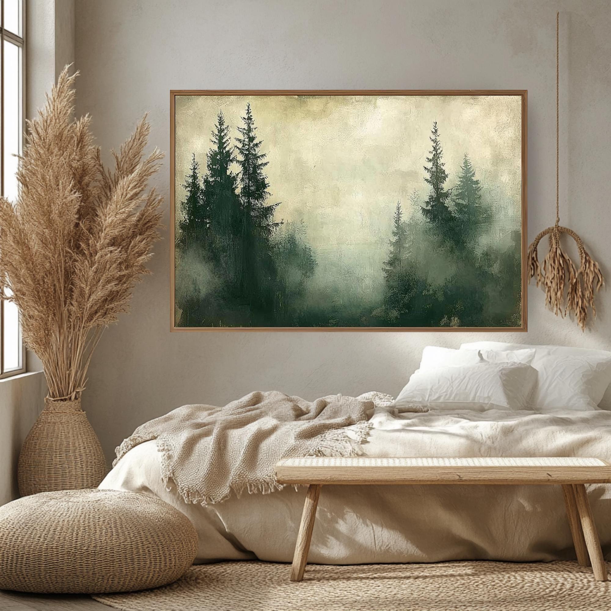 Foggy Pine Forest Wooden Framed Canvas, Muted Green Woodland Wall Art, Serene Misty Landscape Print, Dreamy Nature Scene Home Decor