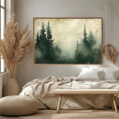 Foggy Pine Forest Wooden Framed Canvas, Muted Green Woodland Wall Art, Serene Misty Landscape Print, Dreamy Nature Scene Home Decor
