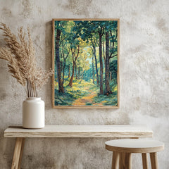 William Morris Sunlit Forest Path Framed Canvas, Peaceful Nature Landscape Wall Art, Serene Woodland Trail Print, Cottagecore Tree Decor