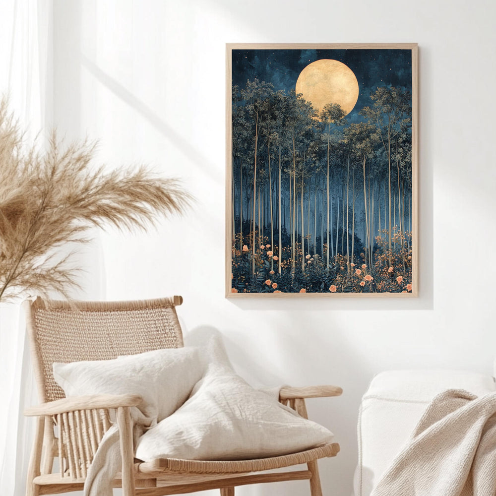 Moonlit Forest Framed Canvas, Ethereal Night Woodland Wall Art, Mystical Floral Nature Print, Enchanted Landscape Decor, Elegant Home Accent