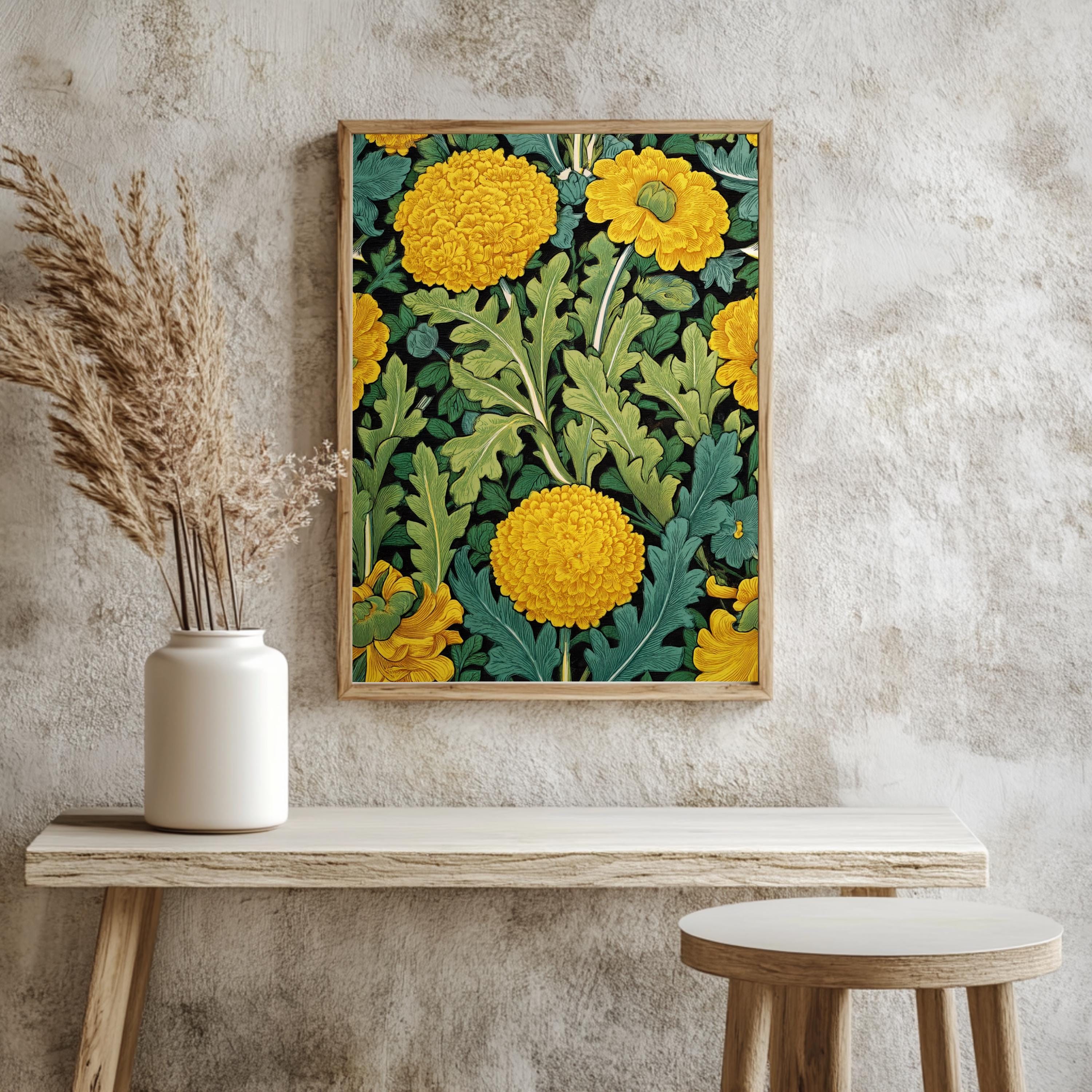 Yellow Marigold Wall Art, William Morris Inspired Floral Canvas, Vintage Botanical Garden Print, Cottagecore Framed Nature Decor