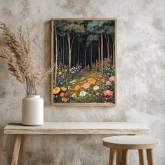 Forest Wildflower Meadow Framed Canvas, Vibrant Cottagecore Nature Wall Art, Blooming Floral Field Print, Botanical Woodland Decor