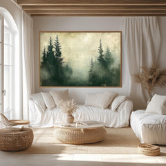 Foggy Pine Forest Wooden Framed Canvas, Muted Green Woodland Wall Art, Serene Misty Landscape Print, Dreamy Nature Scene Home Decor