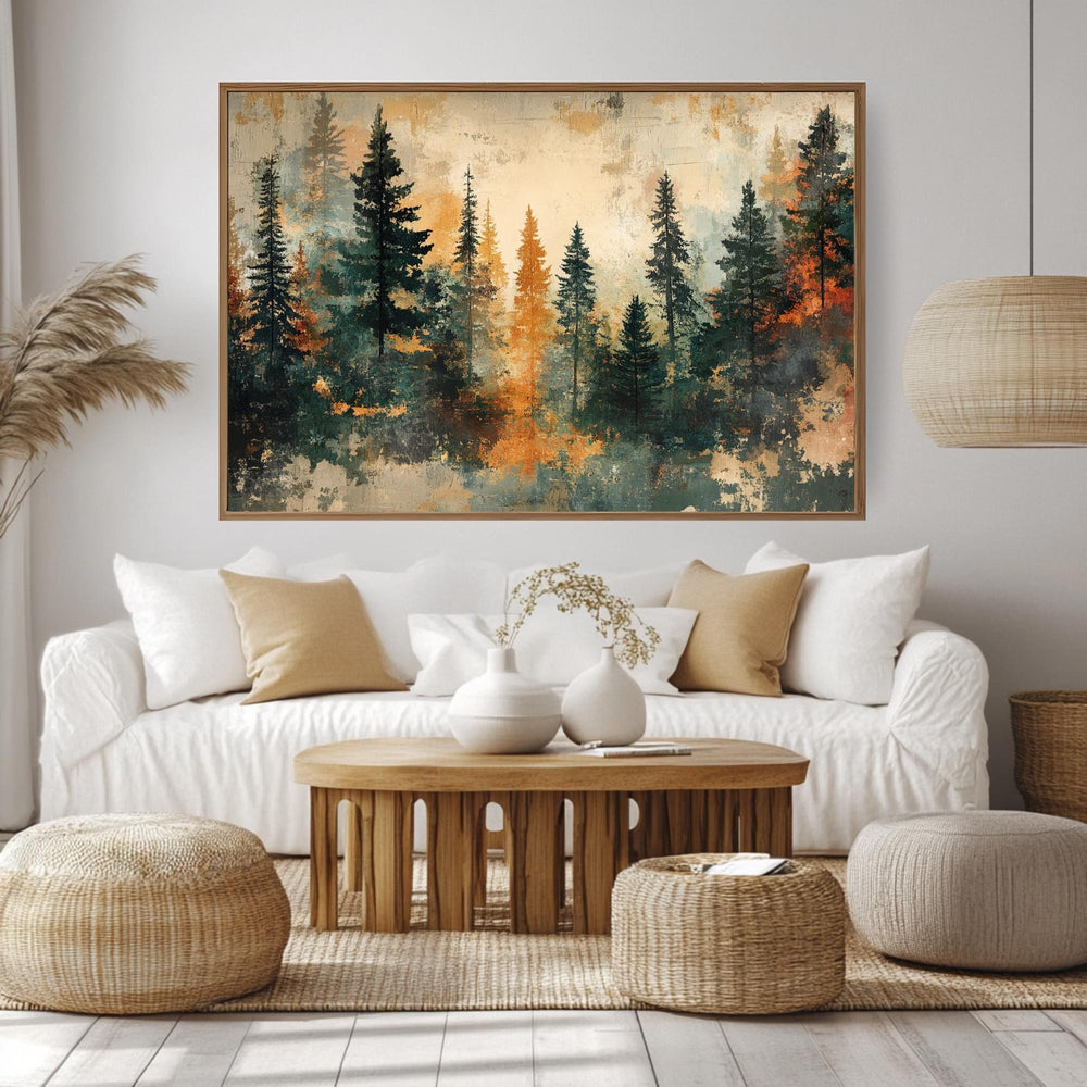 Autumn Pine Forest Wooden Framed Canvas, Warm Earth Tone Landscape Wall Art, Abstract Woodland Scene Print, Cozy Rustic Nature Decor