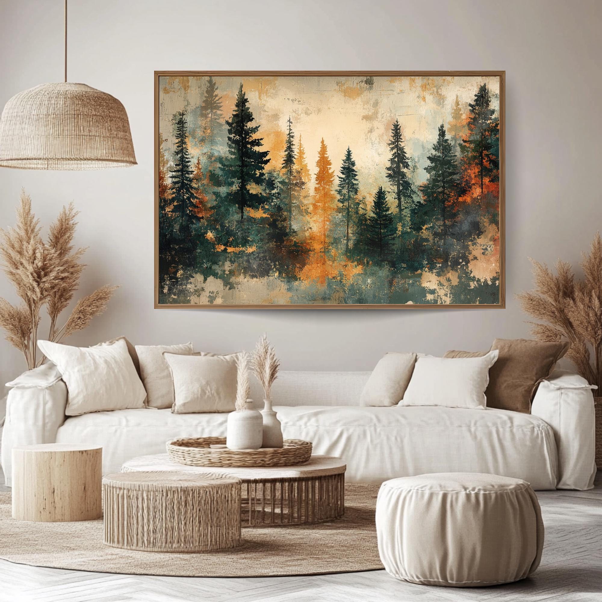 Autumn Pine Forest Wooden Framed Canvas, Warm Earth Tone Landscape Wall Art, Abstract Woodland Scene Print, Cozy Rustic Nature Decor