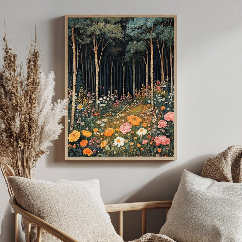 Forest Wildflower Meadow Framed Canvas, Vibrant Cottagecore Nature Wall Art, Blooming Floral Field Print, Botanical Woodland Decor