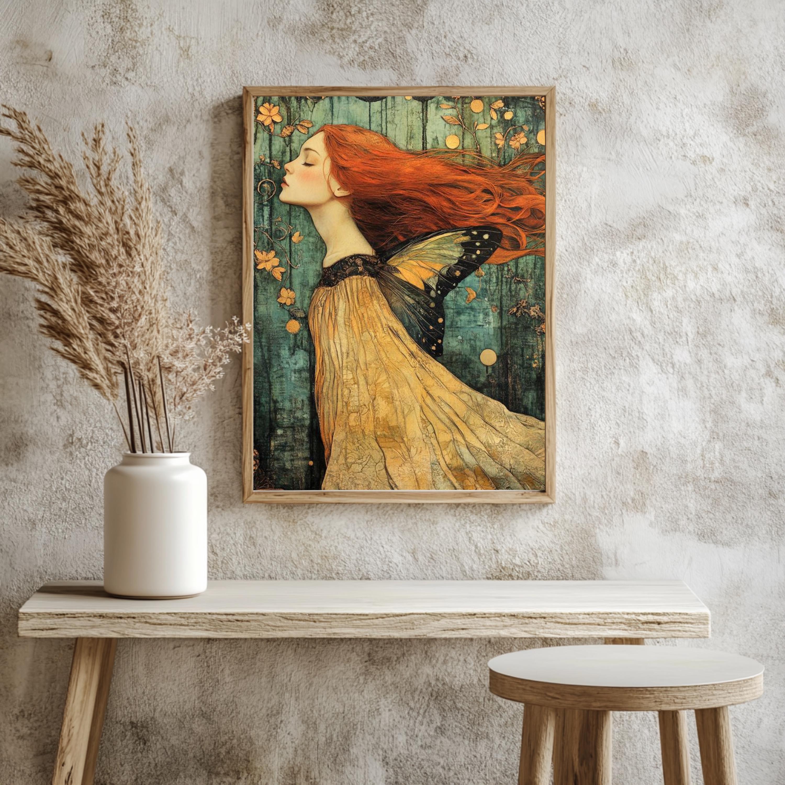Enchanted Fairy Woman Framed Canvas, Whimsical Butterfly Wings Art, Mystical Fantasy Wall Decor, Ethereal Nature Print, Boho Woodland Accent
