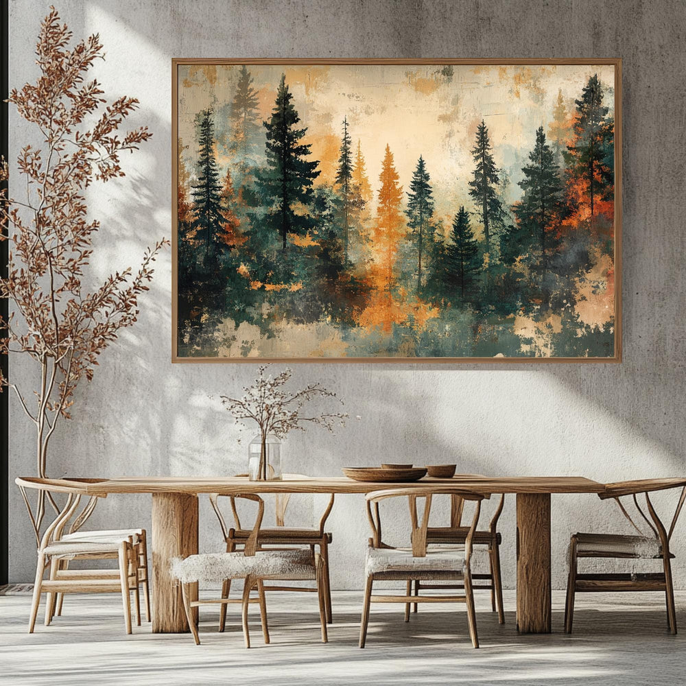 Autumn Pine Forest Wooden Framed Canvas, Warm Earth Tone Landscape Wall Art, Abstract Woodland Scene Print, Cozy Rustic Nature Decor