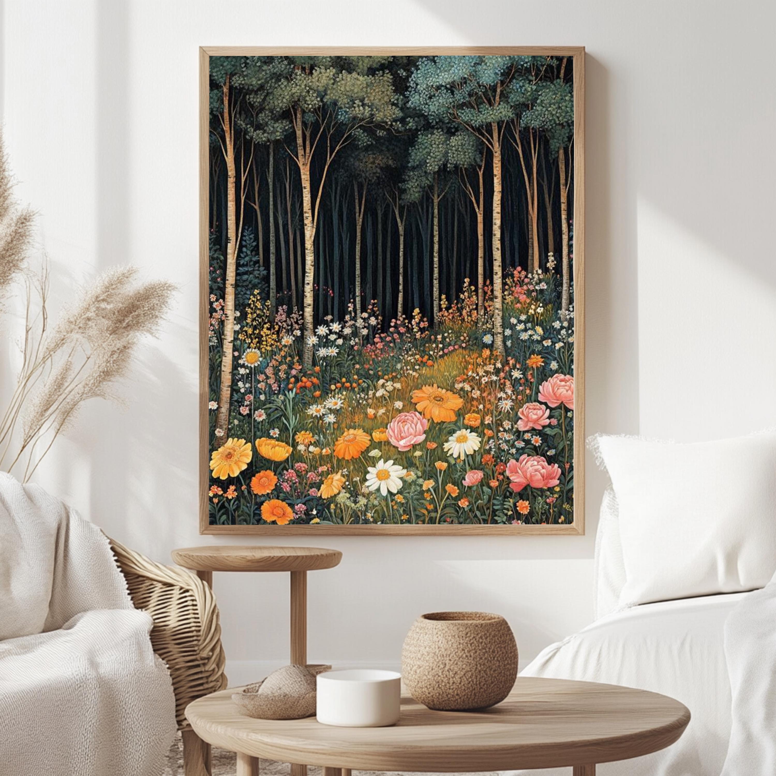 Forest Wildflower Meadow Framed Canvas, Vibrant Cottagecore Nature Wall Art, Blooming Floral Field Print, Botanical Woodland Decor