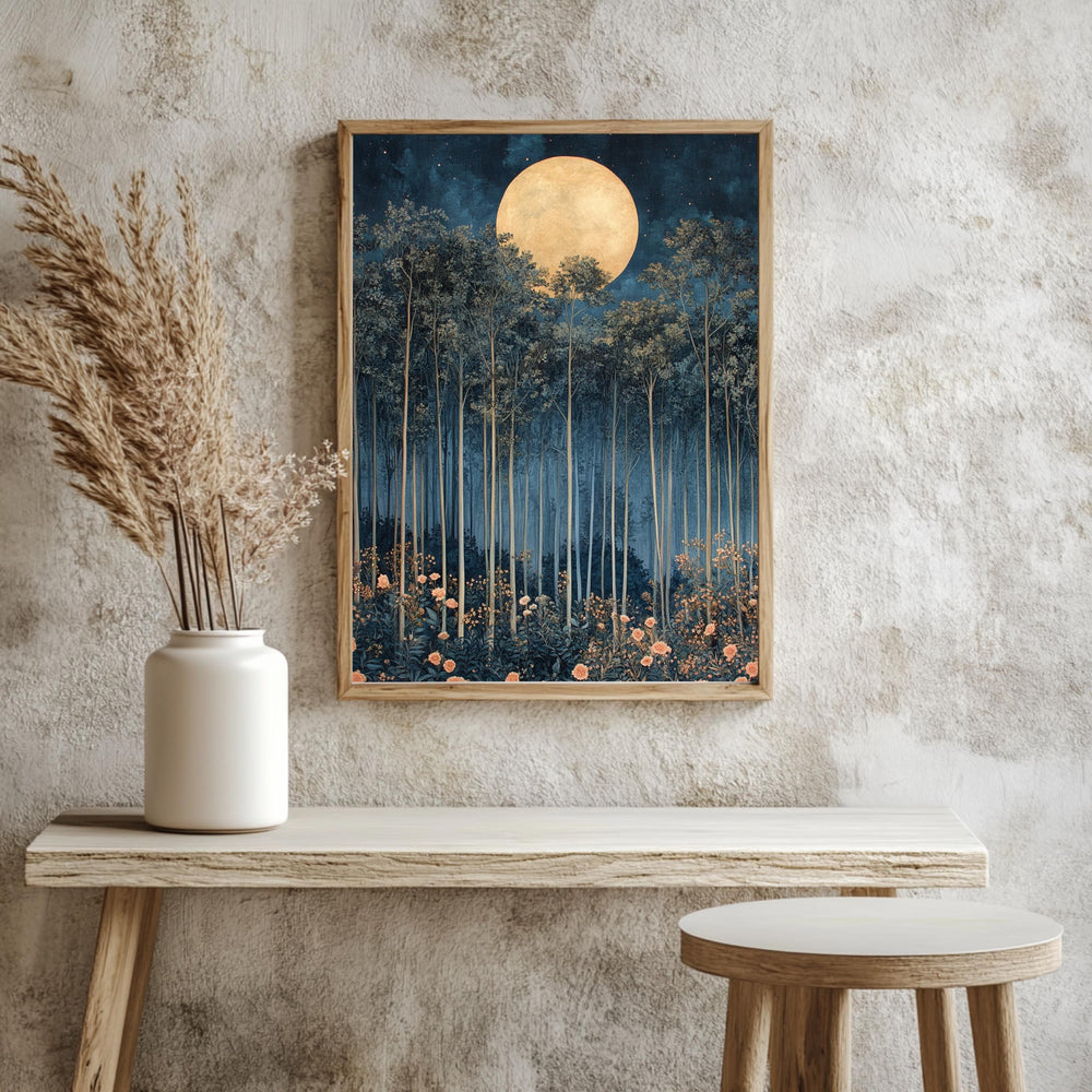Moonlit Forest Framed Canvas, Ethereal Night Woodland Wall Art, Mystical Floral Nature Print, Enchanted Landscape Decor, Elegant Home Accent