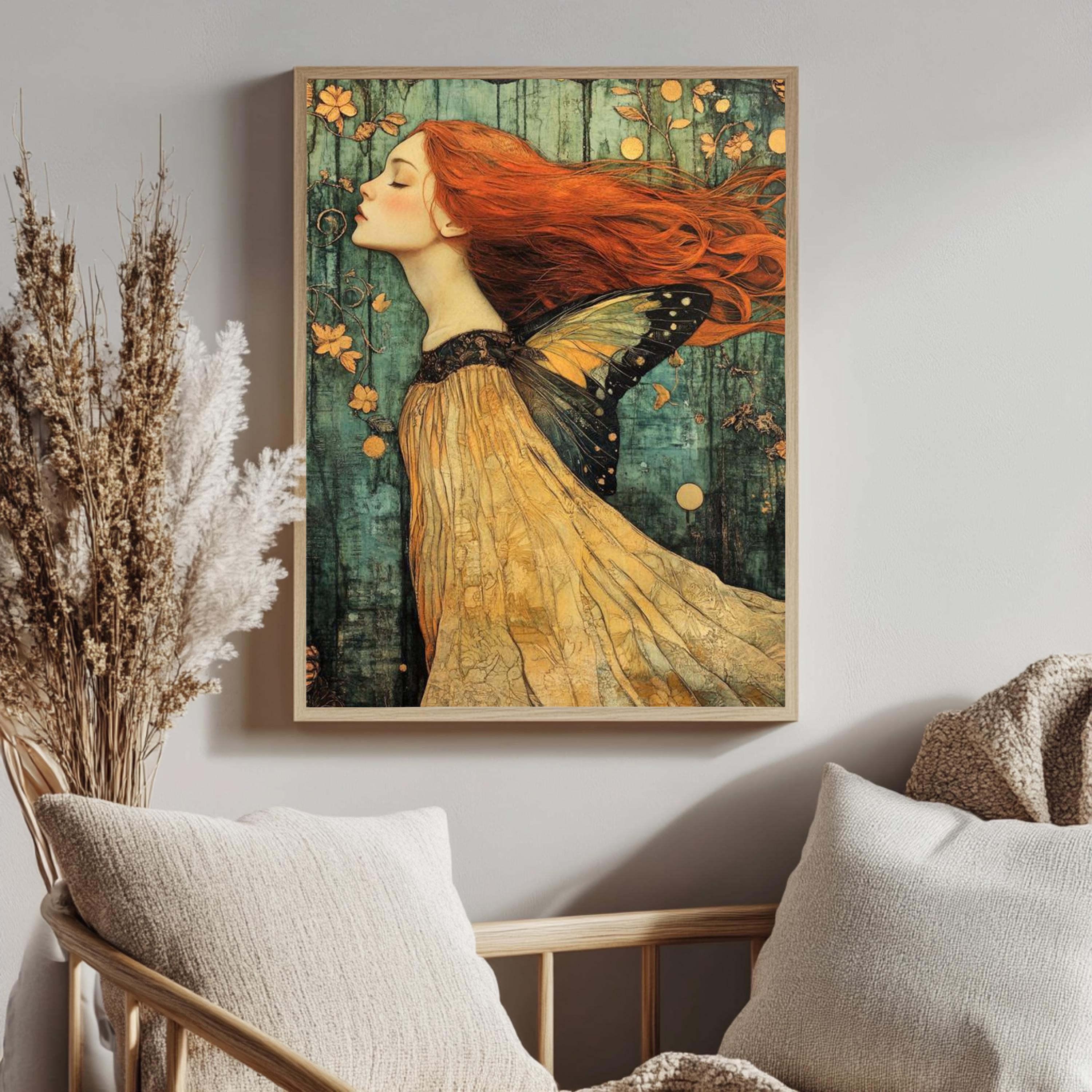 Enchanted Fairy Woman Framed Canvas, Whimsical Butterfly Wings Art, Mystical Fantasy Wall Decor, Ethereal Nature Print, Boho Woodland Accent