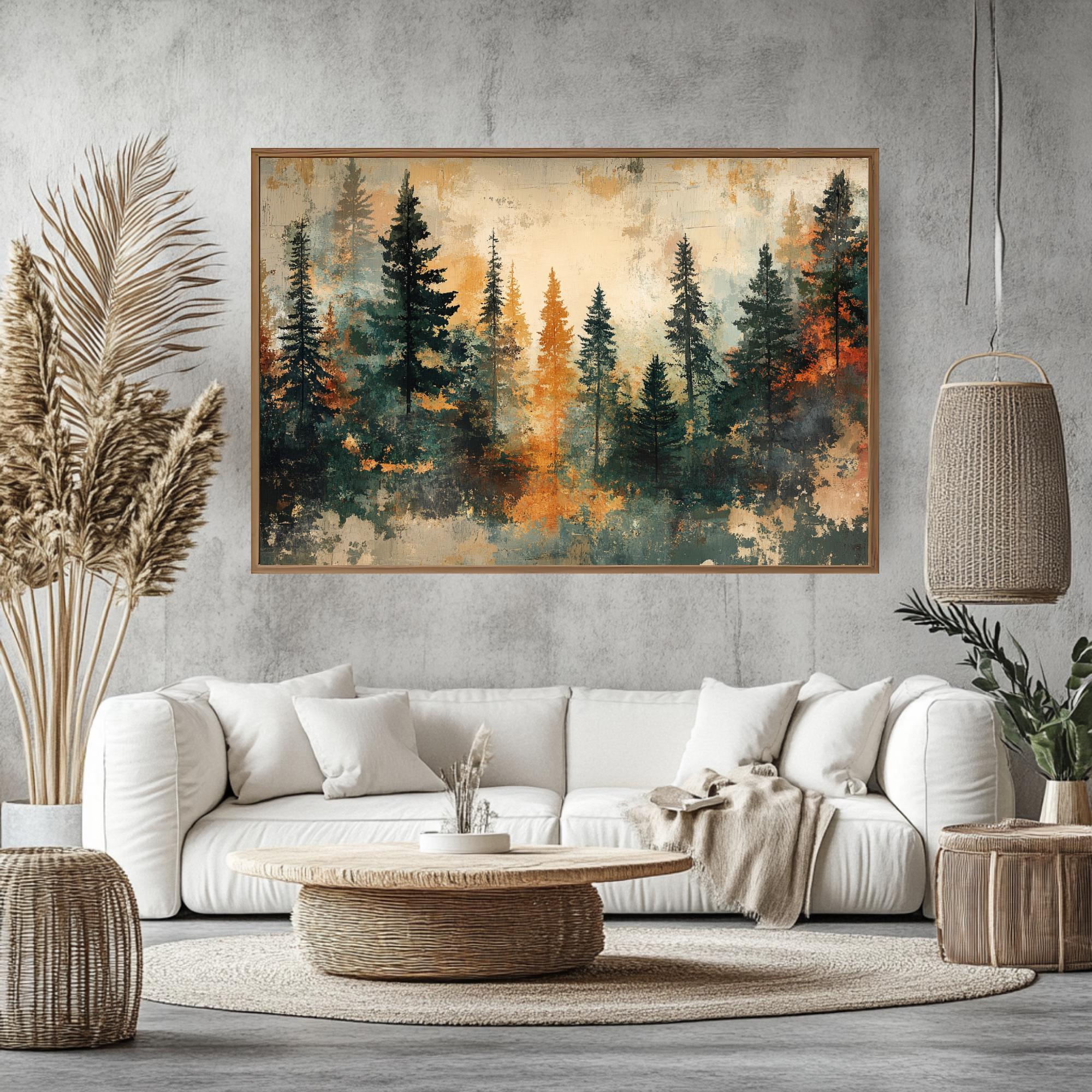 Autumn Pine Forest Wooden Framed Canvas, Warm Earth Tone Landscape Wall Art, Abstract Woodland Scene Print, Cozy Rustic Nature Decor