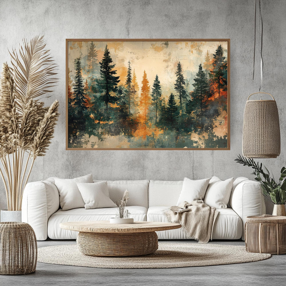 Autumn Pine Forest Wooden Framed Canvas, Warm Earth Tone Landscape Wall Art, Abstract Woodland Scene Print, Cozy Rustic Nature Decor