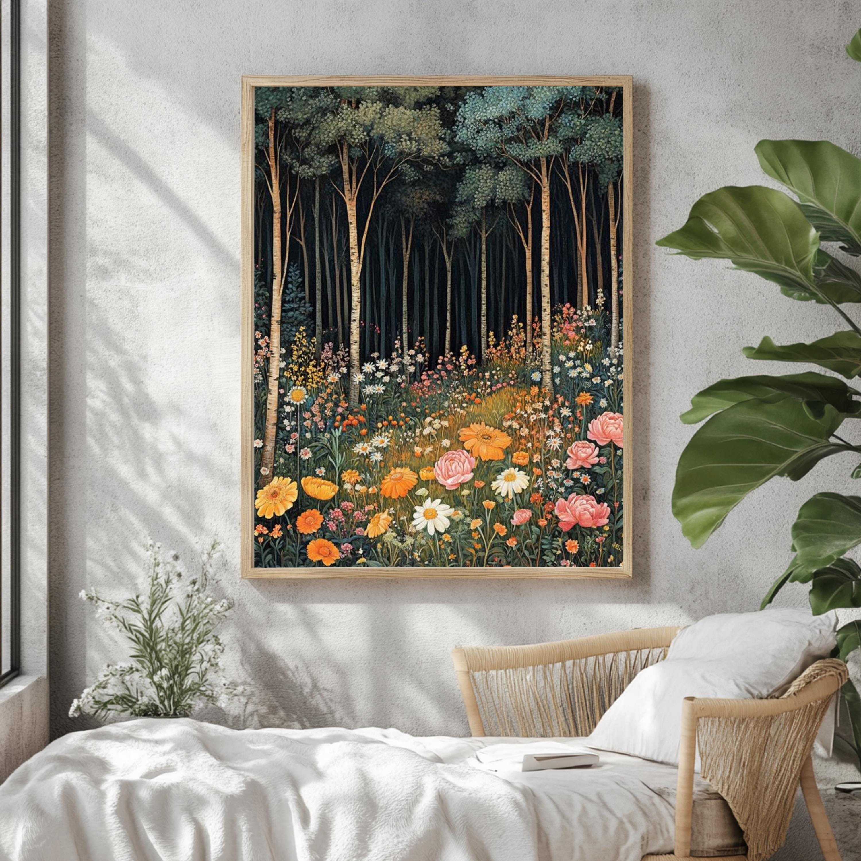 Forest Wildflower Meadow Framed Canvas, Vibrant Cottagecore Nature Wall Art, Blooming Floral Field Print, Botanical Woodland Decor