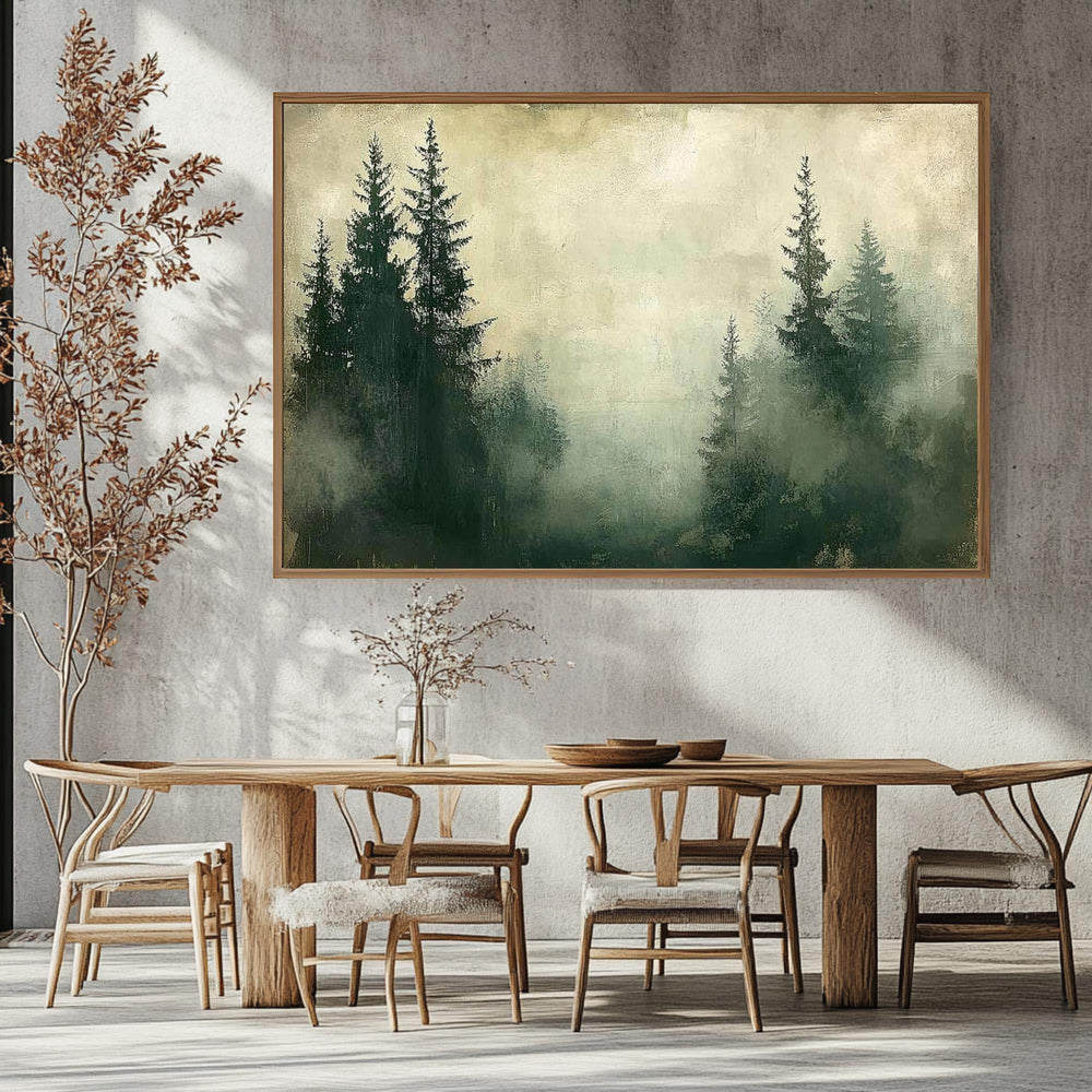 Foggy Pine Forest Wooden Framed Canvas, Muted Green Woodland Wall Art, Serene Misty Landscape Print, Dreamy Nature Scene Home Decor