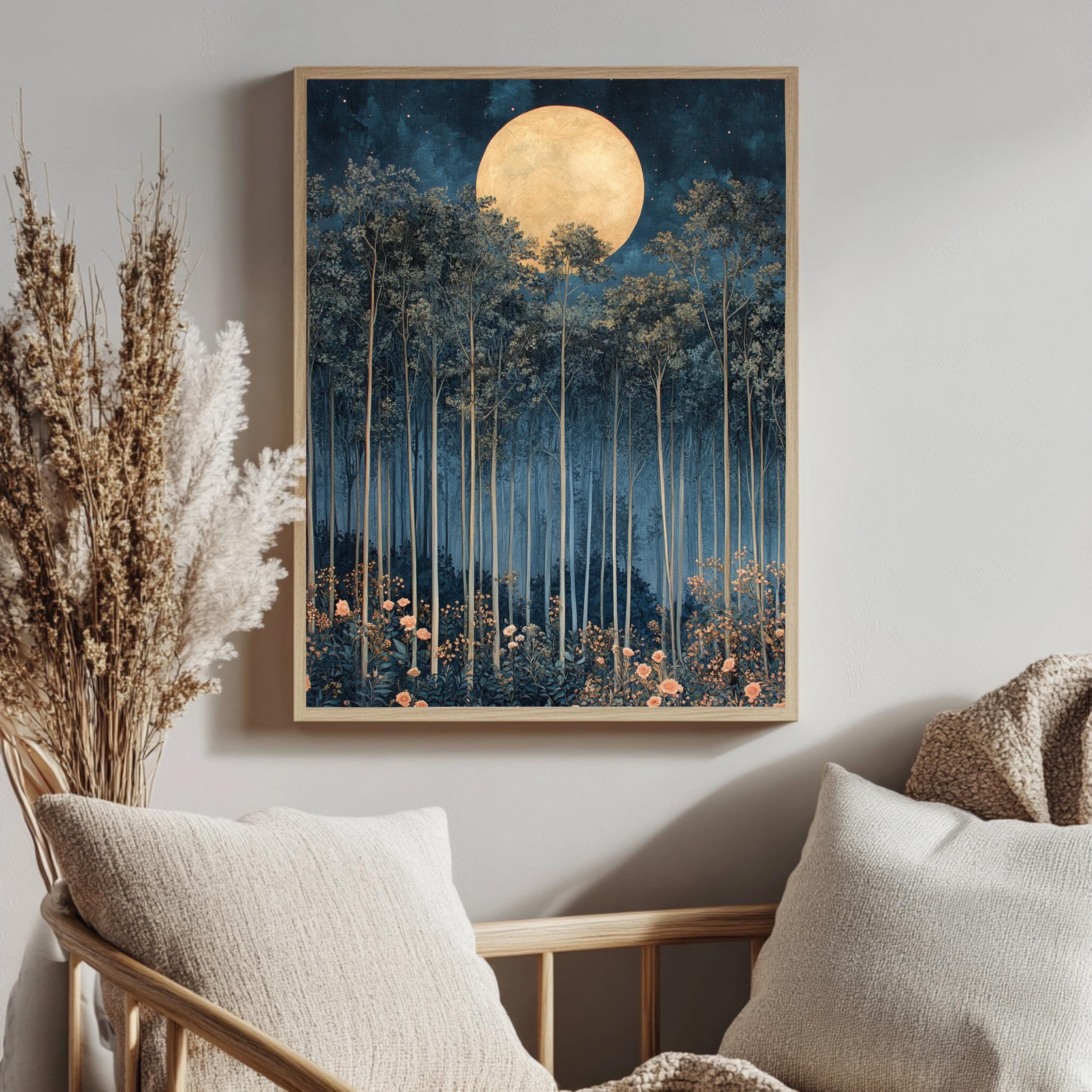 Moonlit Forest Framed Canvas, Ethereal Night Woodland Wall Art, Mystical Floral Nature Print, Enchanted Landscape Decor, Elegant Home Accent