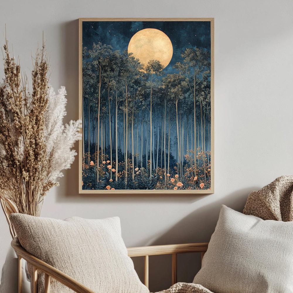Moonlit Forest Framed Canvas, Ethereal Night Woodland Wall Art, Mystical Floral Nature Print, Enchanted Landscape Decor, Elegant Home Accent