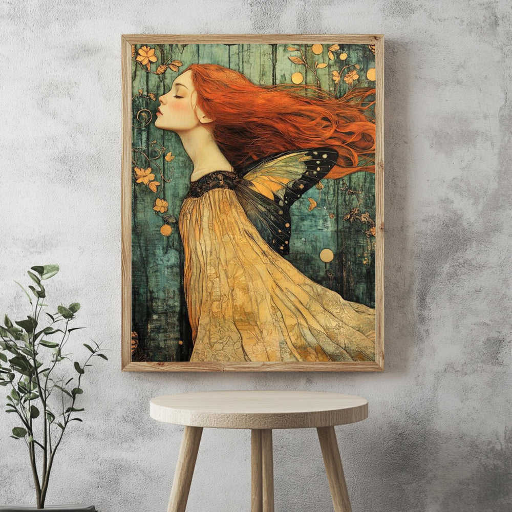 Enchanted Fairy Woman Framed Canvas, Whimsical Butterfly Wings Art, Mystical Fantasy Wall Decor, Ethereal Nature Print, Boho Woodland Accent