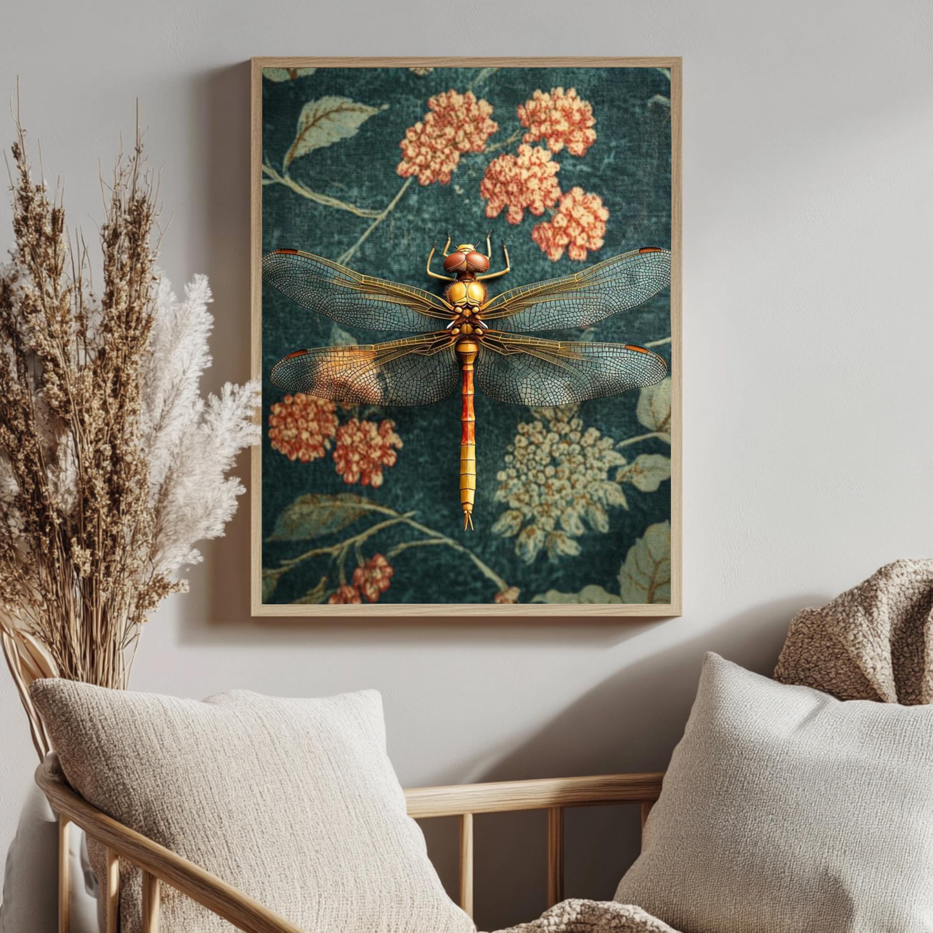 Golden Dragonfly Framed Canvas, Vintage Floral Insect Wall Art, Botanical Nature Print, Elegant Entomology Decor, Garden-Inspired Accent