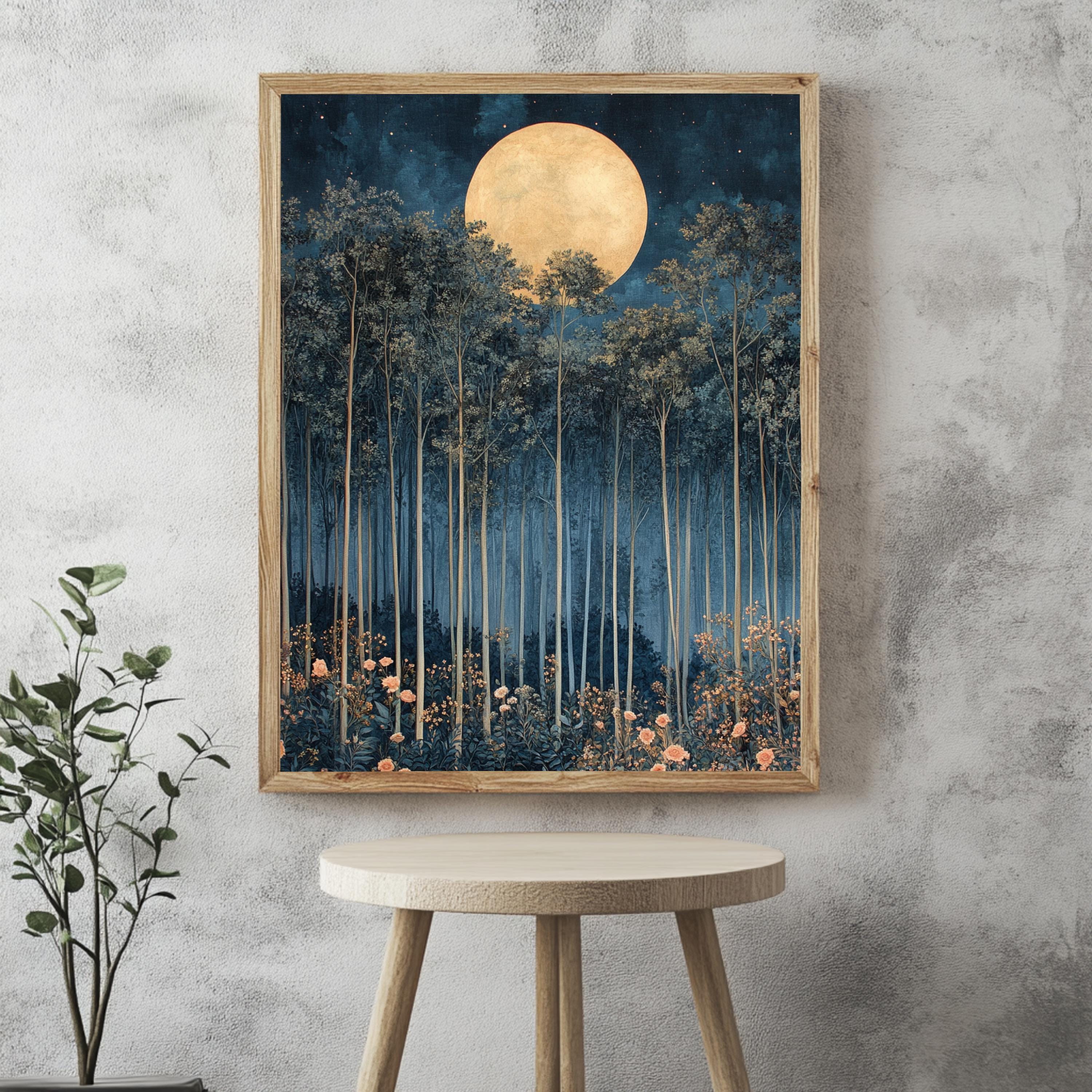 Moonlit Forest Framed Canvas, Ethereal Night Woodland Wall Art, Mystical Floral Nature Print, Enchanted Landscape Decor, Elegant Home Accent
