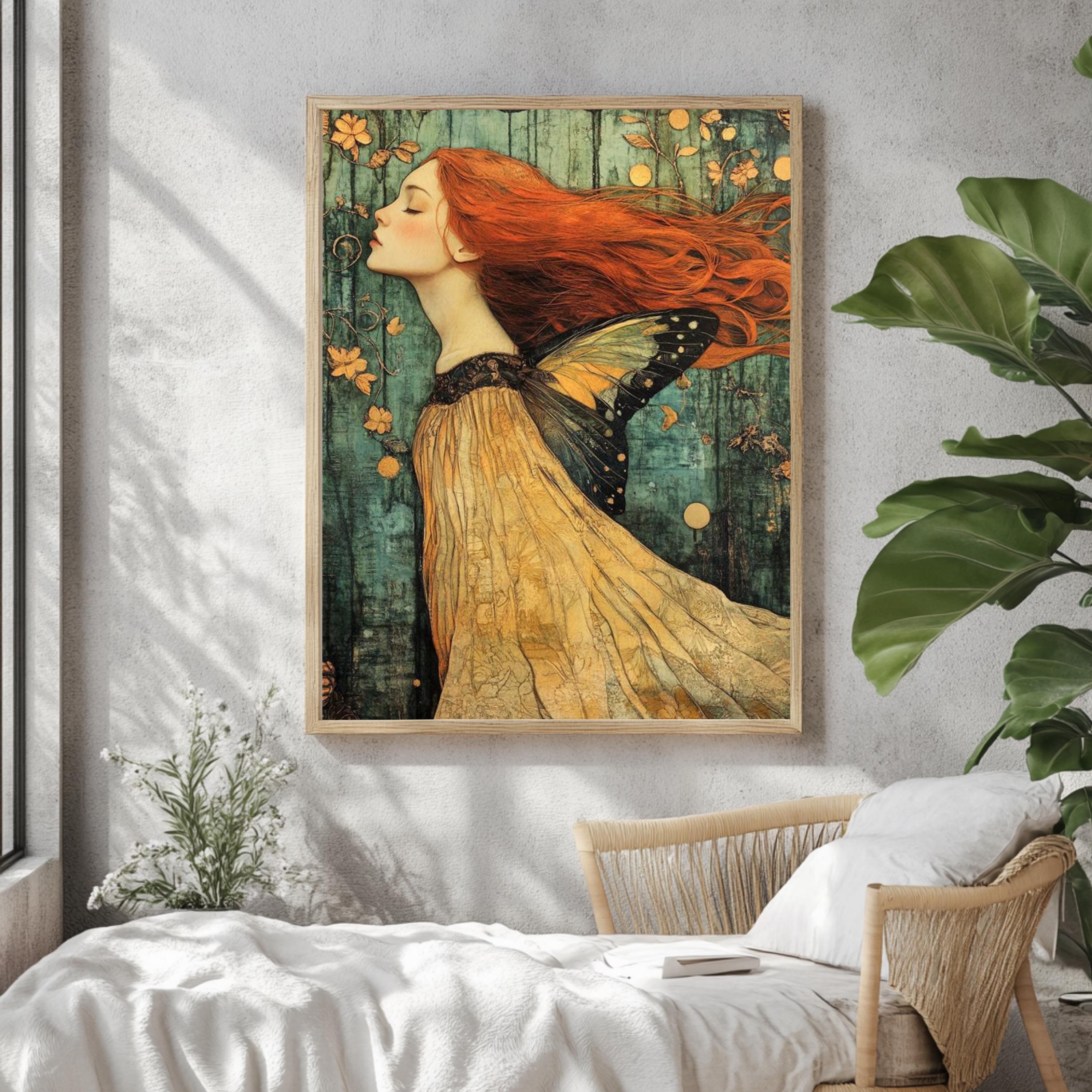 Enchanted Fairy Woman Framed Canvas, Whimsical Butterfly Wings Art, Mystical Fantasy Wall Decor, Ethereal Nature Print, Boho Woodland Accent
