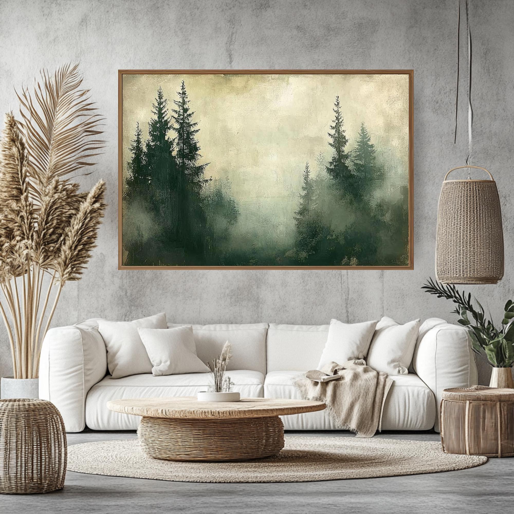 Foggy Pine Forest Wooden Framed Canvas, Muted Green Woodland Wall Art, Serene Misty Landscape Print, Dreamy Nature Scene Home Decor